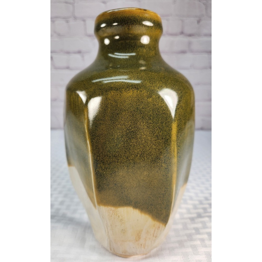 Signed  MG Studio Art Pottery Shades Of Green Green and Beige Vase
